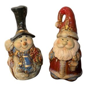 Festive Ceramic Santa and Snowman Ringing Bell Figurines